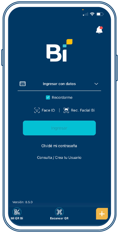 Pantalla de ingreso a la App de Banco Industrial