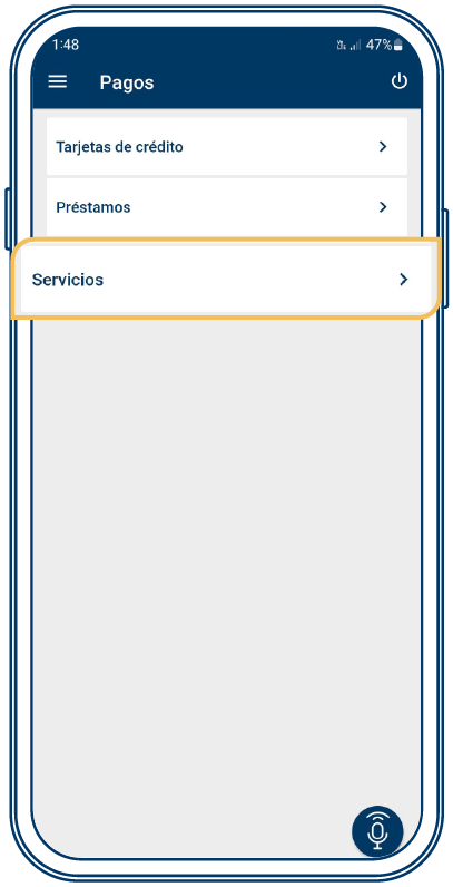 Selecciona servicios en las opciones de Pagos de Bi en Línea App