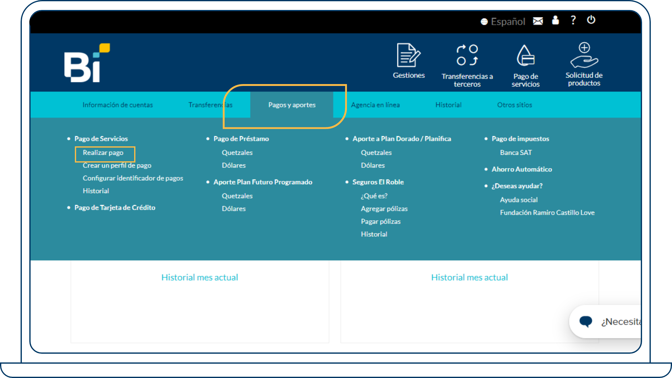 ¿Cómo pagar servicios desde Bi en Línea web?