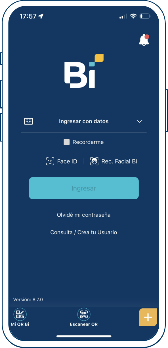 Ingresa a Bi en línea App con tu método de ingreso favorito.