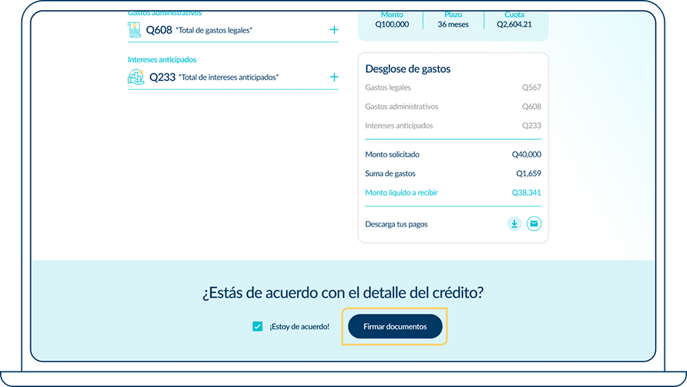 Al estar de acuerdo con el detalle del crédito, da clic en el botón Firmar documentos