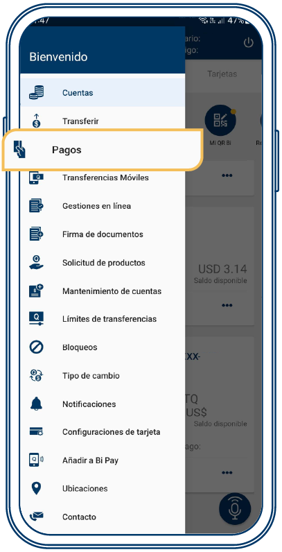 Sección de pagos en el menú de Bi en Línea App