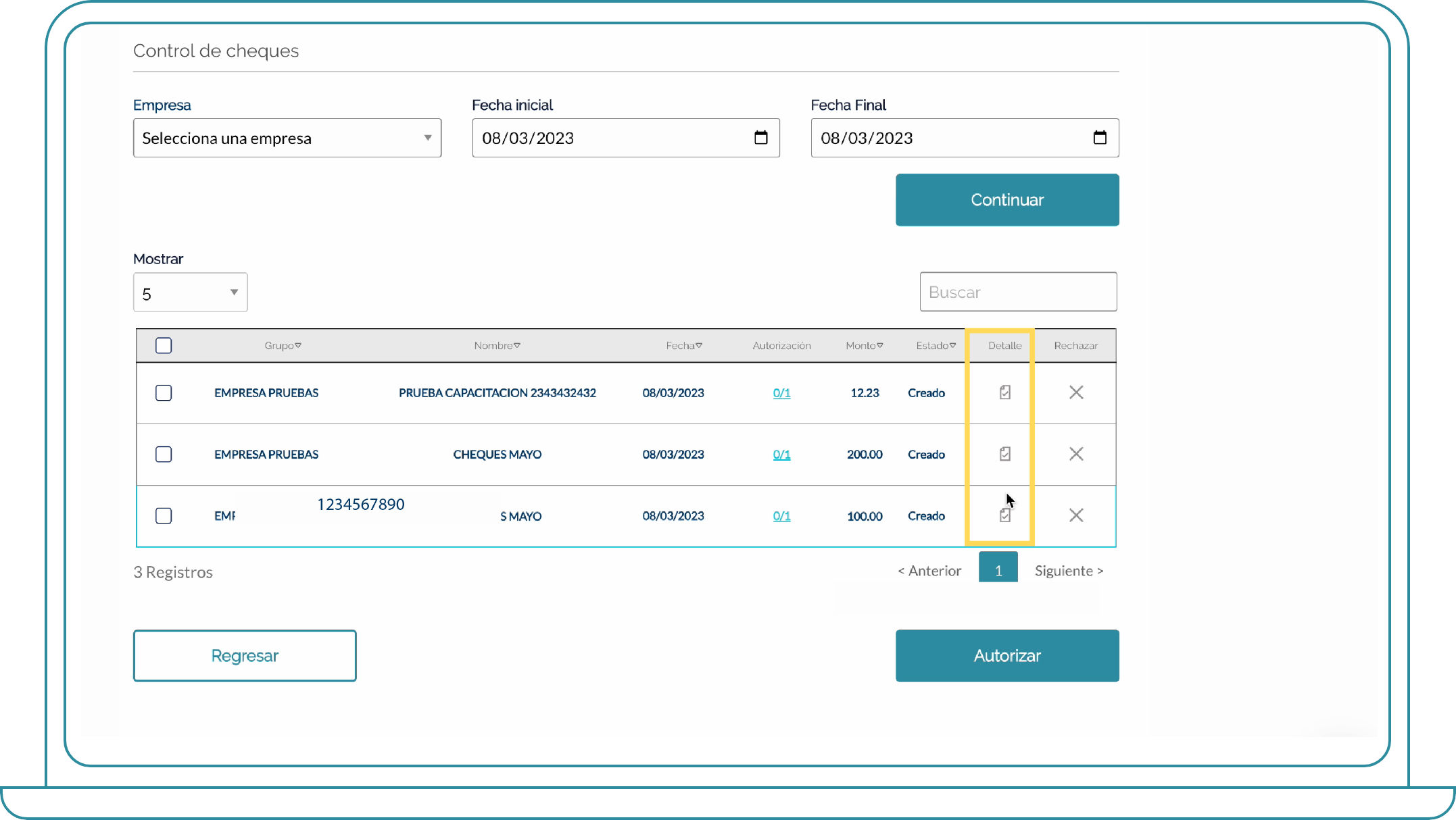 Autorización de cheques Desde Bi Banking