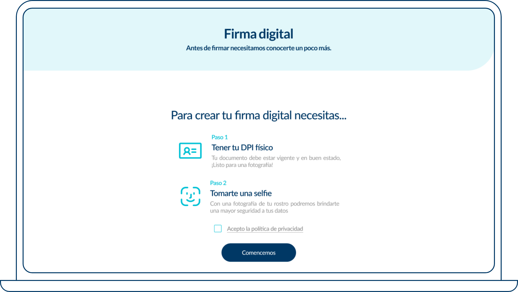 Ingresa tu DPI y tómate una selfie. Acepta los términos y condiciones, luego haz clic en el botón “Comencemos”.