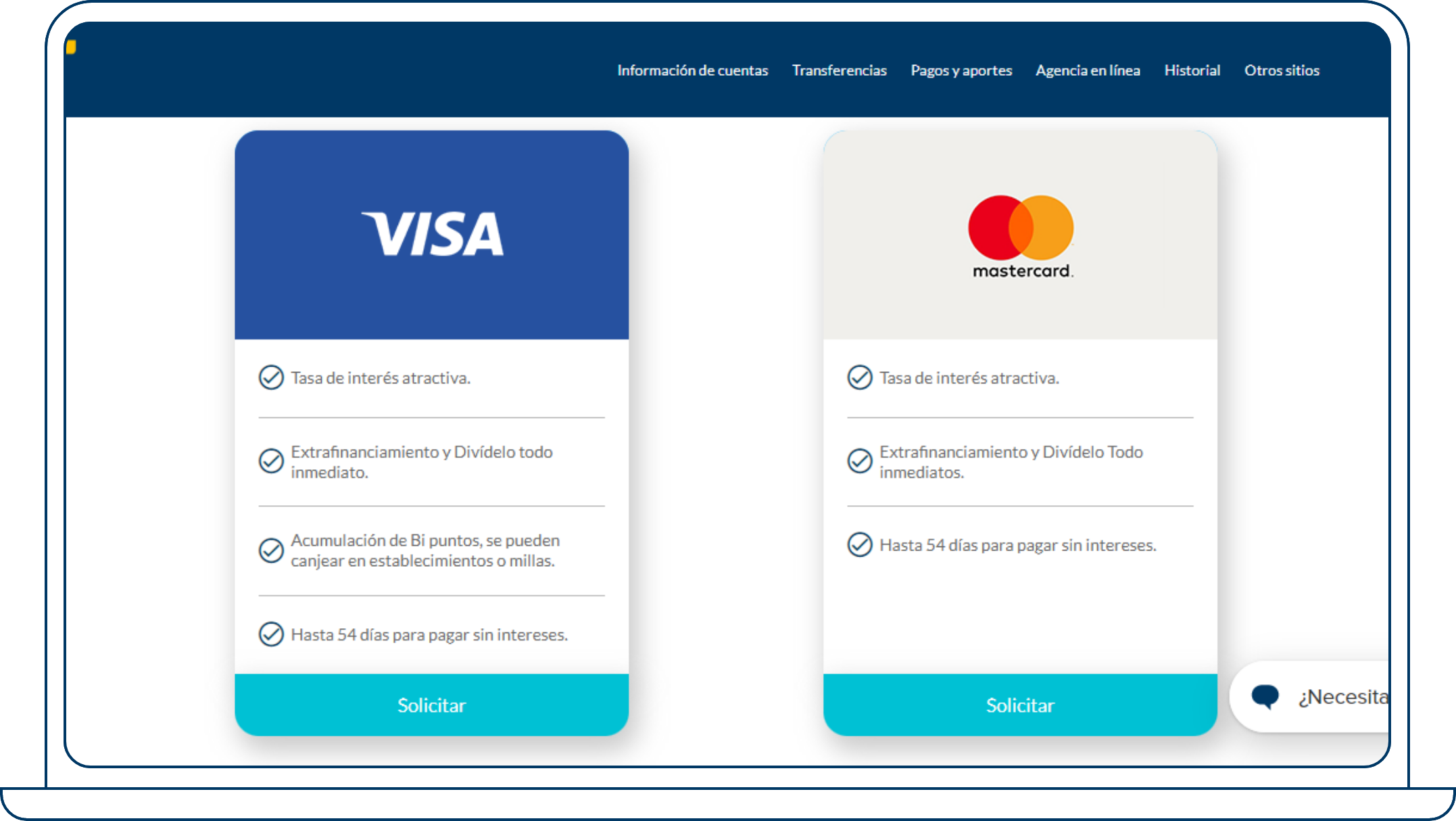 Selecciona el tipo de Tarjeta de Crédito que deseas solicitar, Visa o Mastercard.