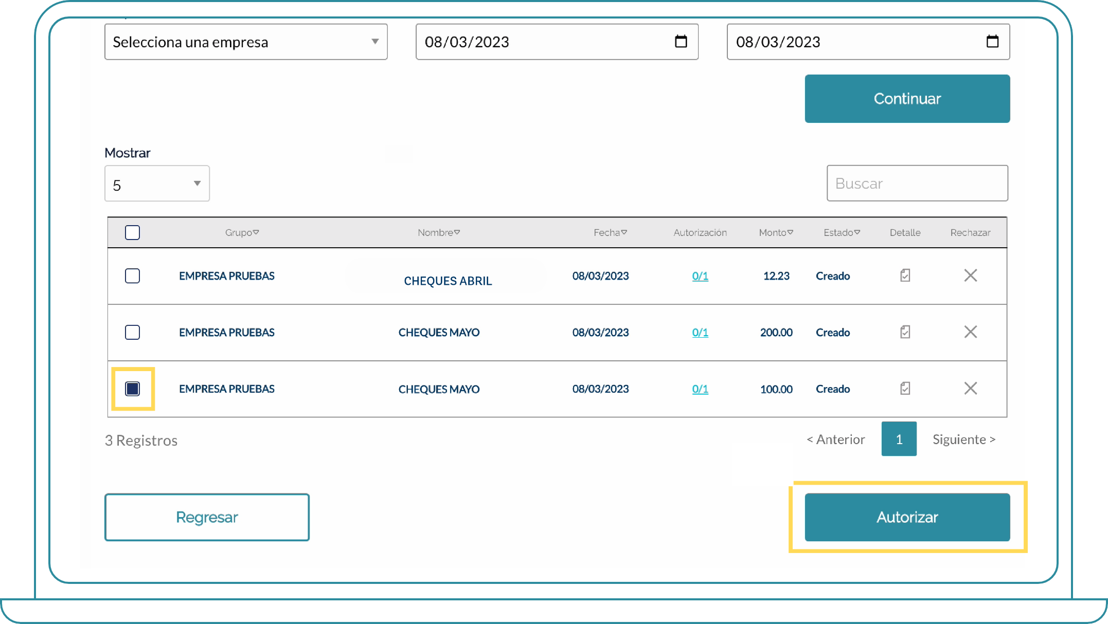 Autorización de cheques Desde Bi Banking