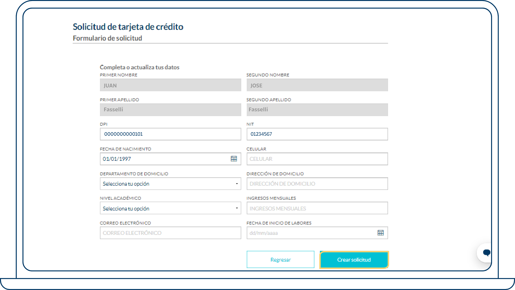 Completa los datos que se solicitan. Luego haz clic en el botón “Crear solicitud”.