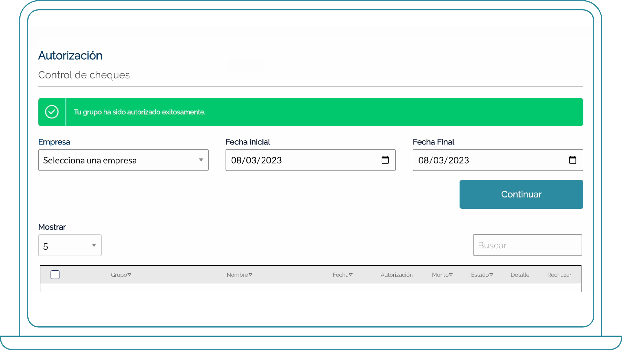 Autorización de cheques Desde Bi Banking