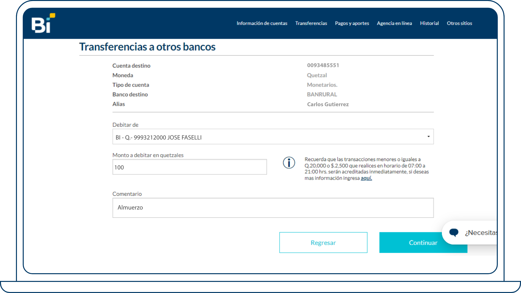 Transferencia a otros bancos Bi en Línea