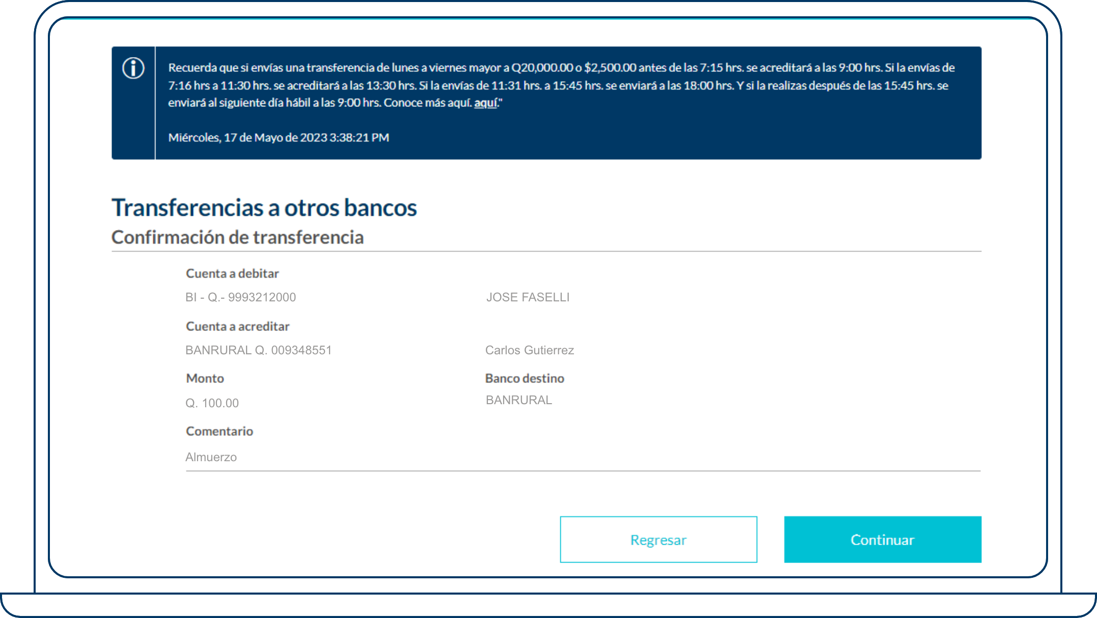 Confirmación Transferencia a otros bancos Bi en Línea