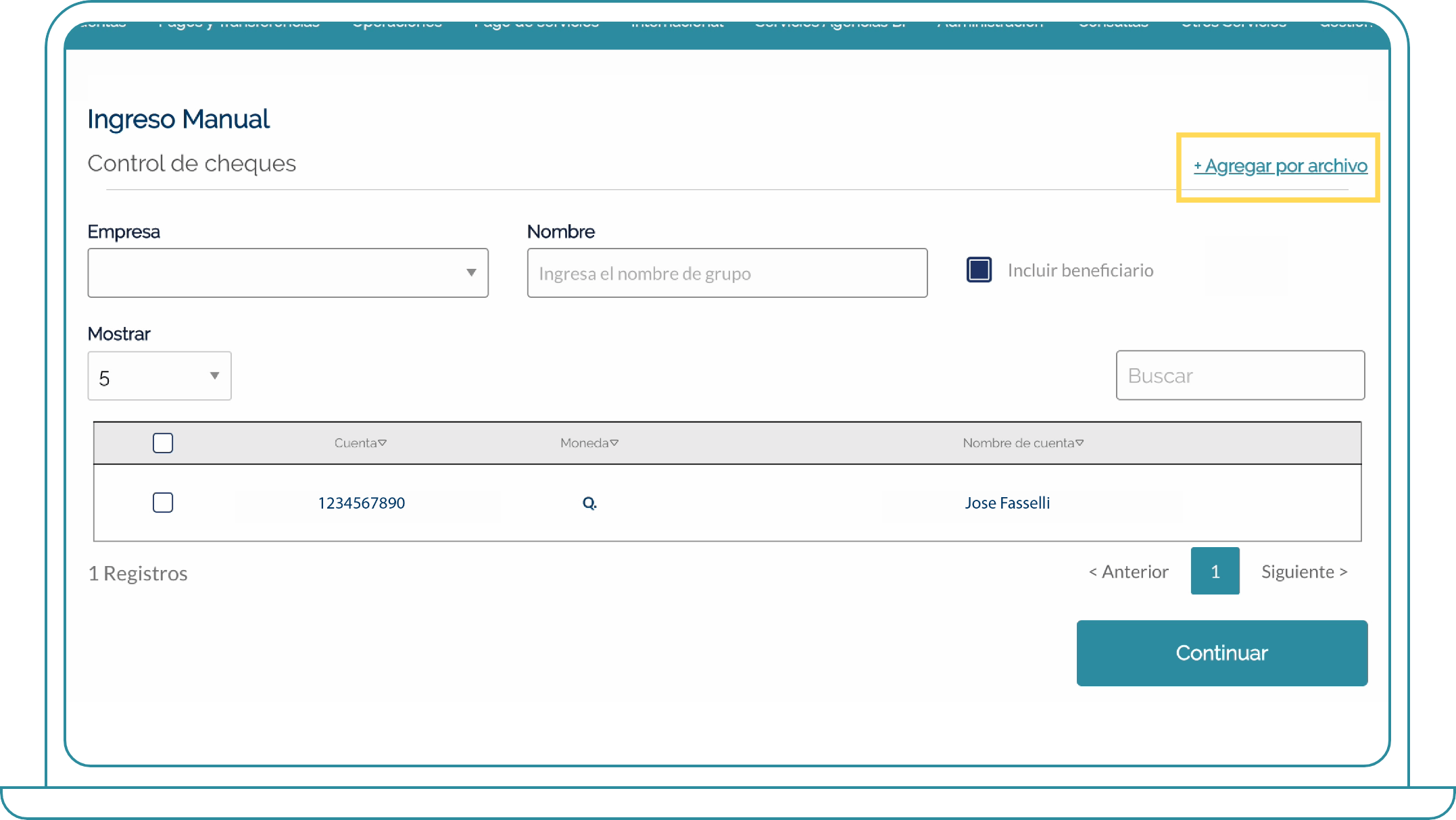 Crear cheques en grupo Bi Banking