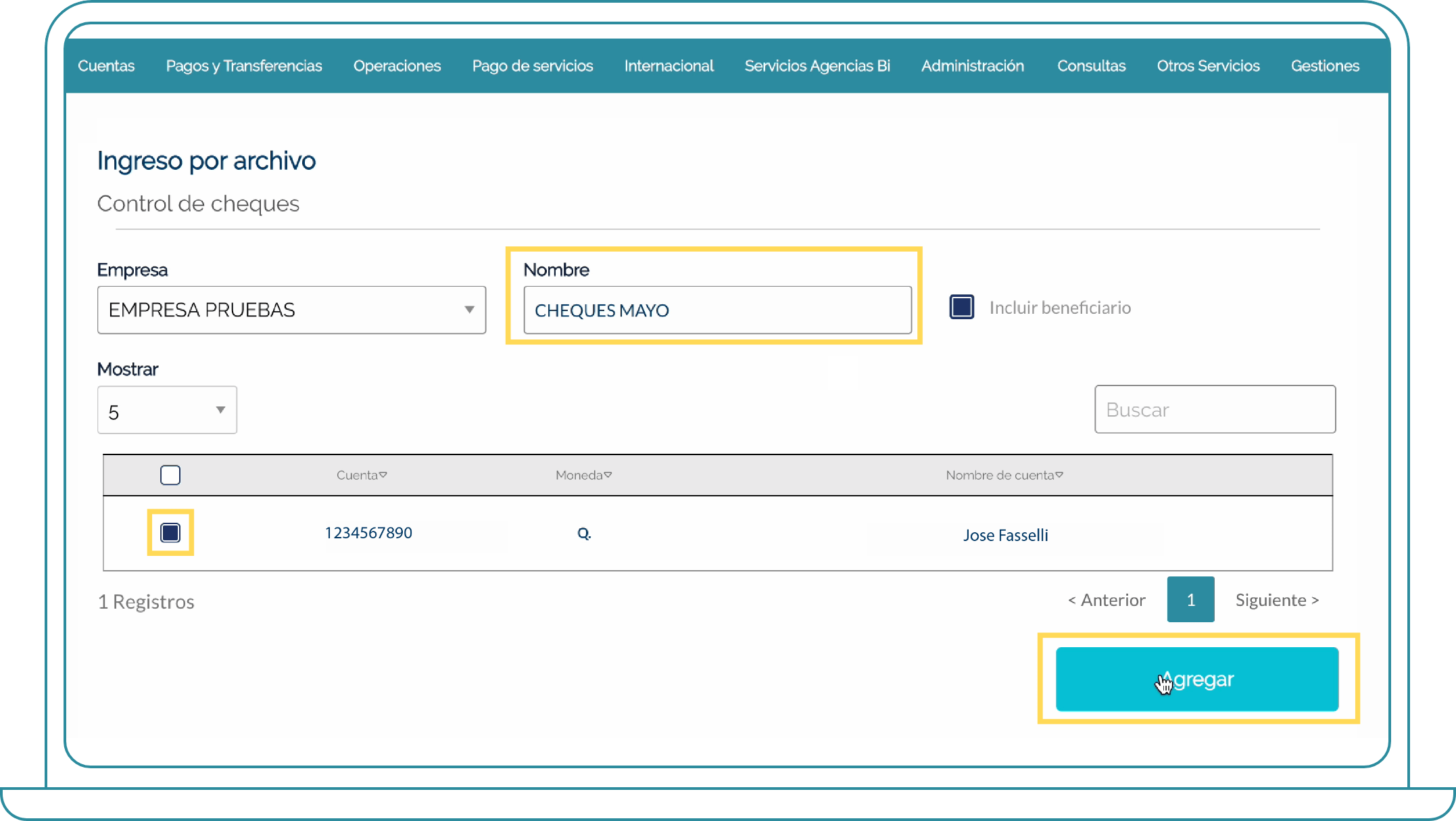 Crear cheques en grupo Bi Banking