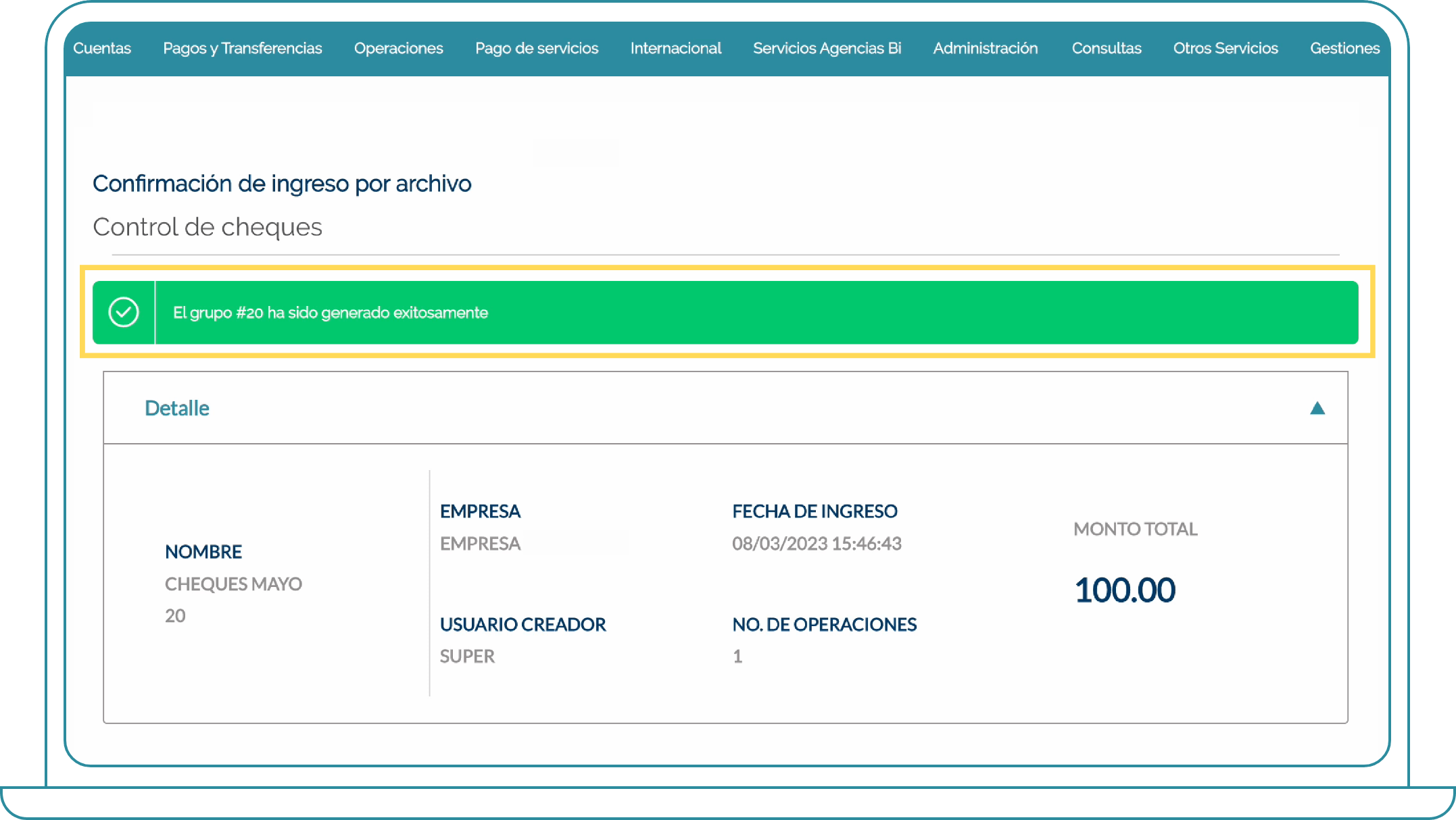 Crear cheques en grupo Bi Banking