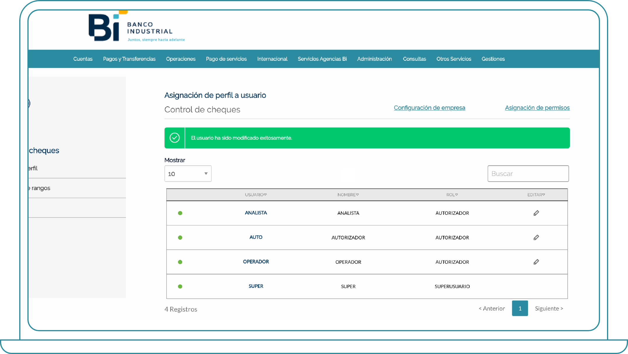 como asignar perfiles en bi banking 4