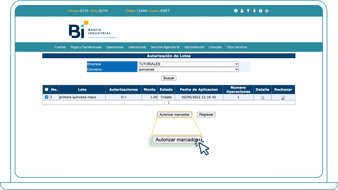 Autorizar lotes en Bi Banking