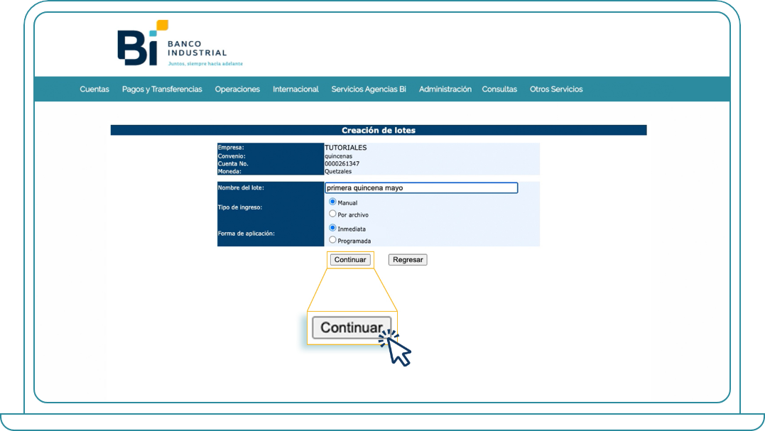 Crear lotes en Bi Banking