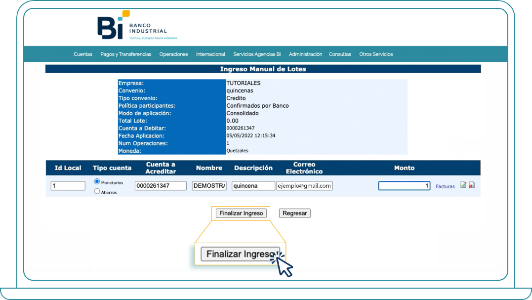 Crear lotes en Bi Banking