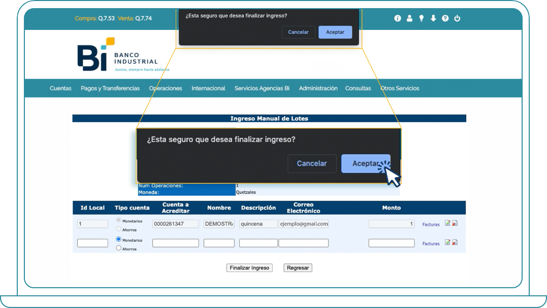 Crear lotes en Bi Banking