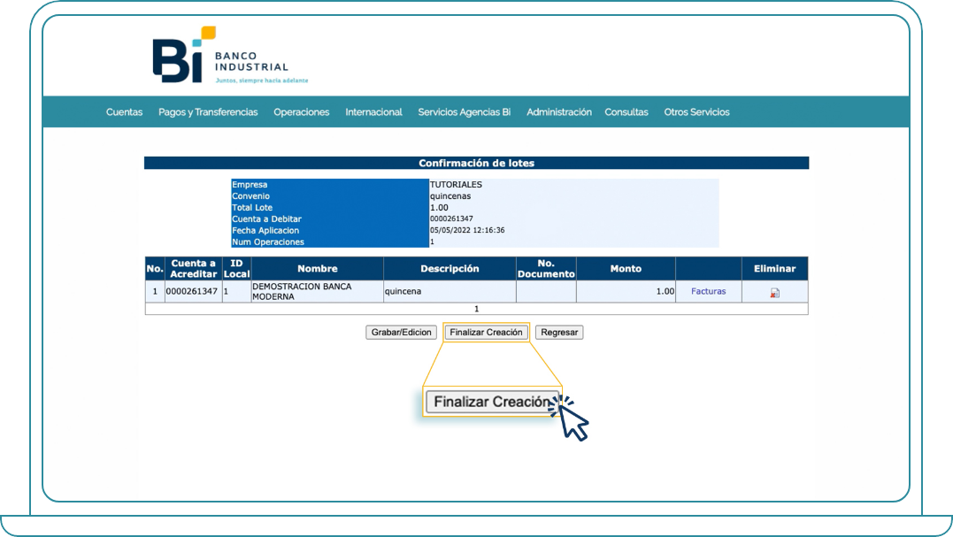 Crear lotes en Bi Banking