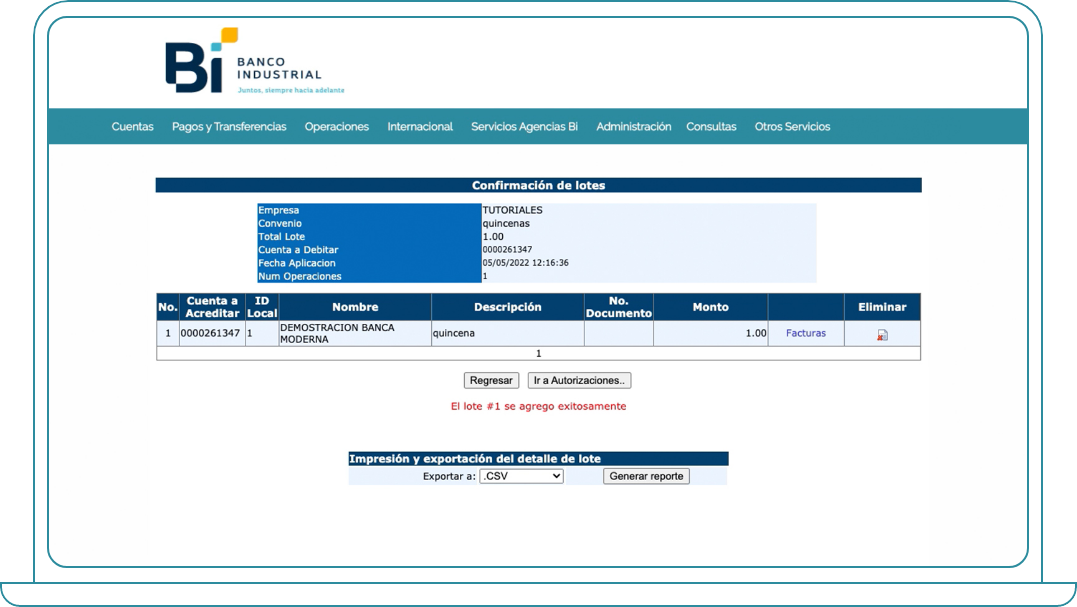 Crear lotes en Bi Banking