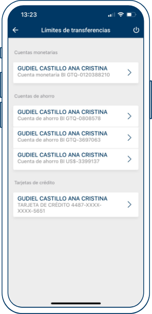 Pantalla de Límites de trasferencias APP