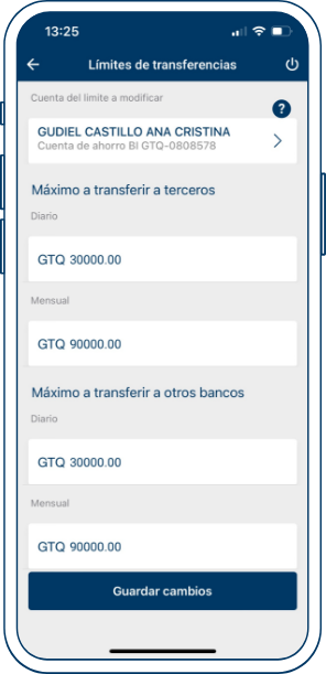 Pantalla de Límites de trasferencias Cuentas APP