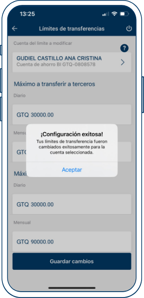 Pantalla de Límites de trasferencias Confirmación APP