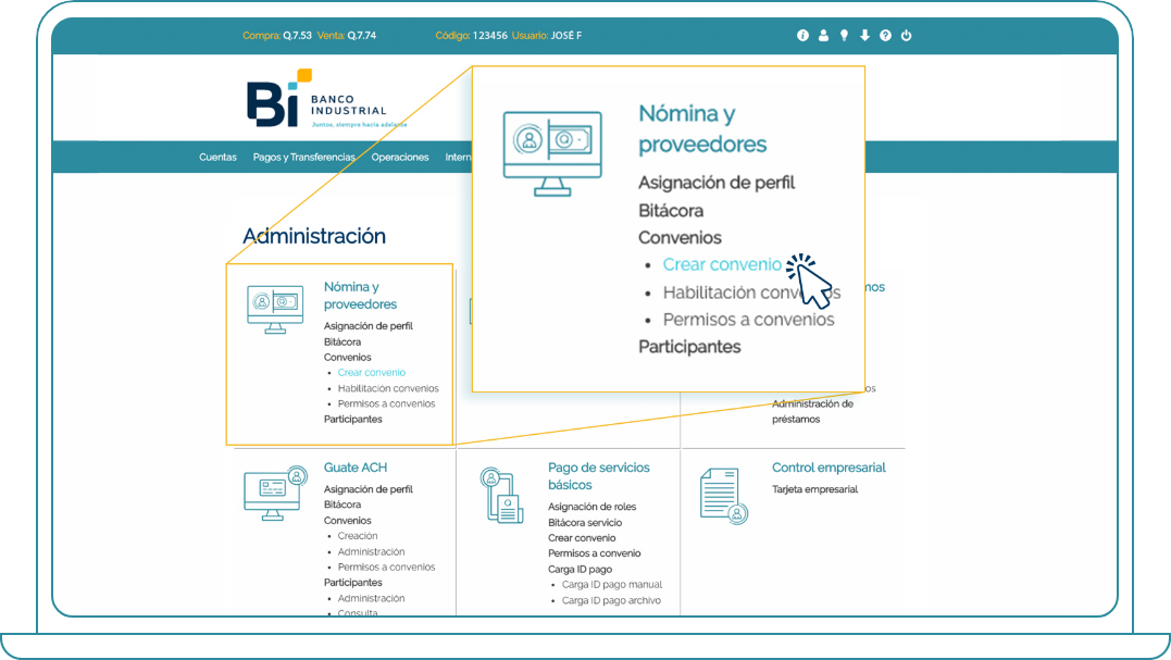 Crear convenios en Bi Banking