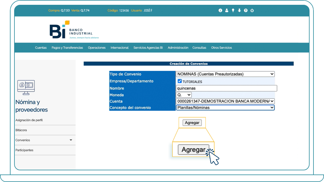 Crear convenios en Bi Banking