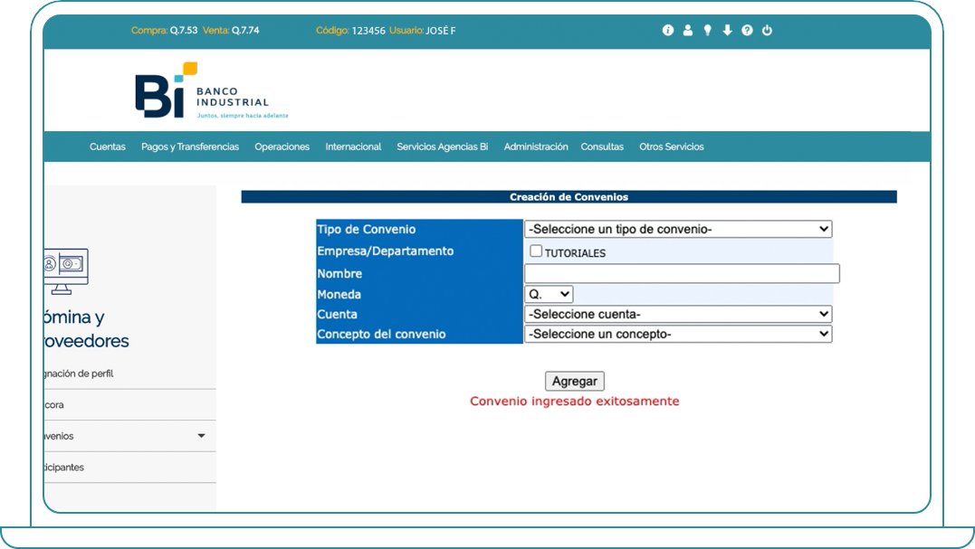 Crear convenios en Bi Banking