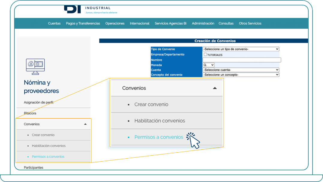 Crear convenios en Bi Banking