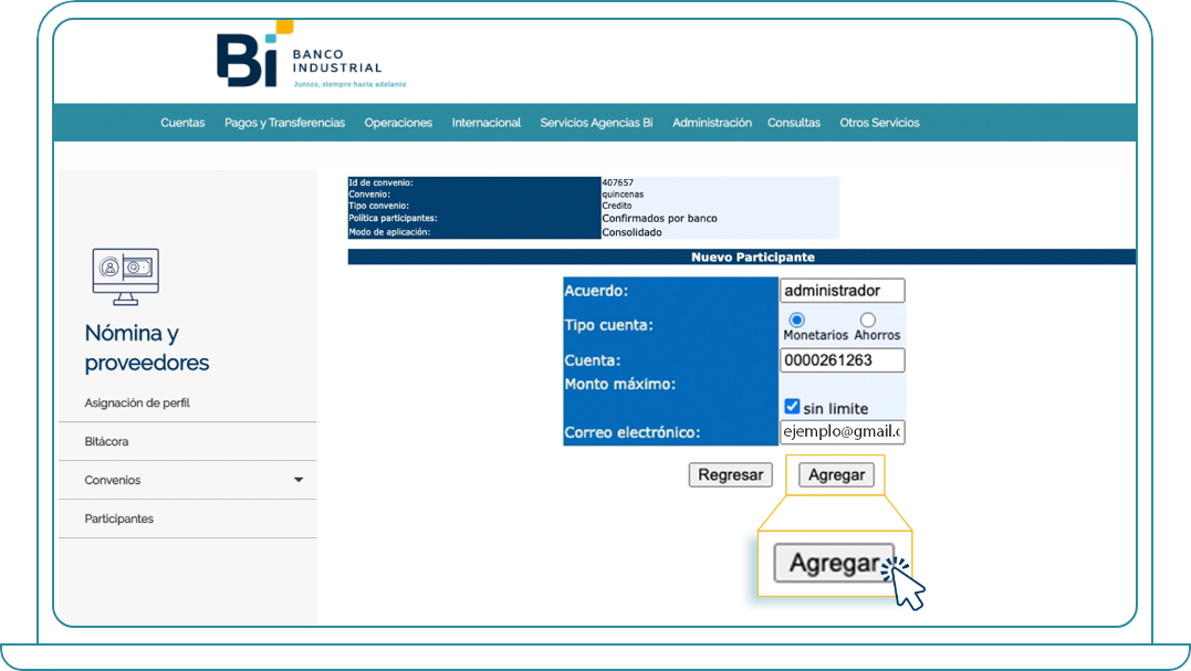 Adicionar participantes en Bi Banking