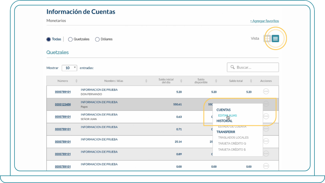 Adición de alias en cuentas Bi Banking