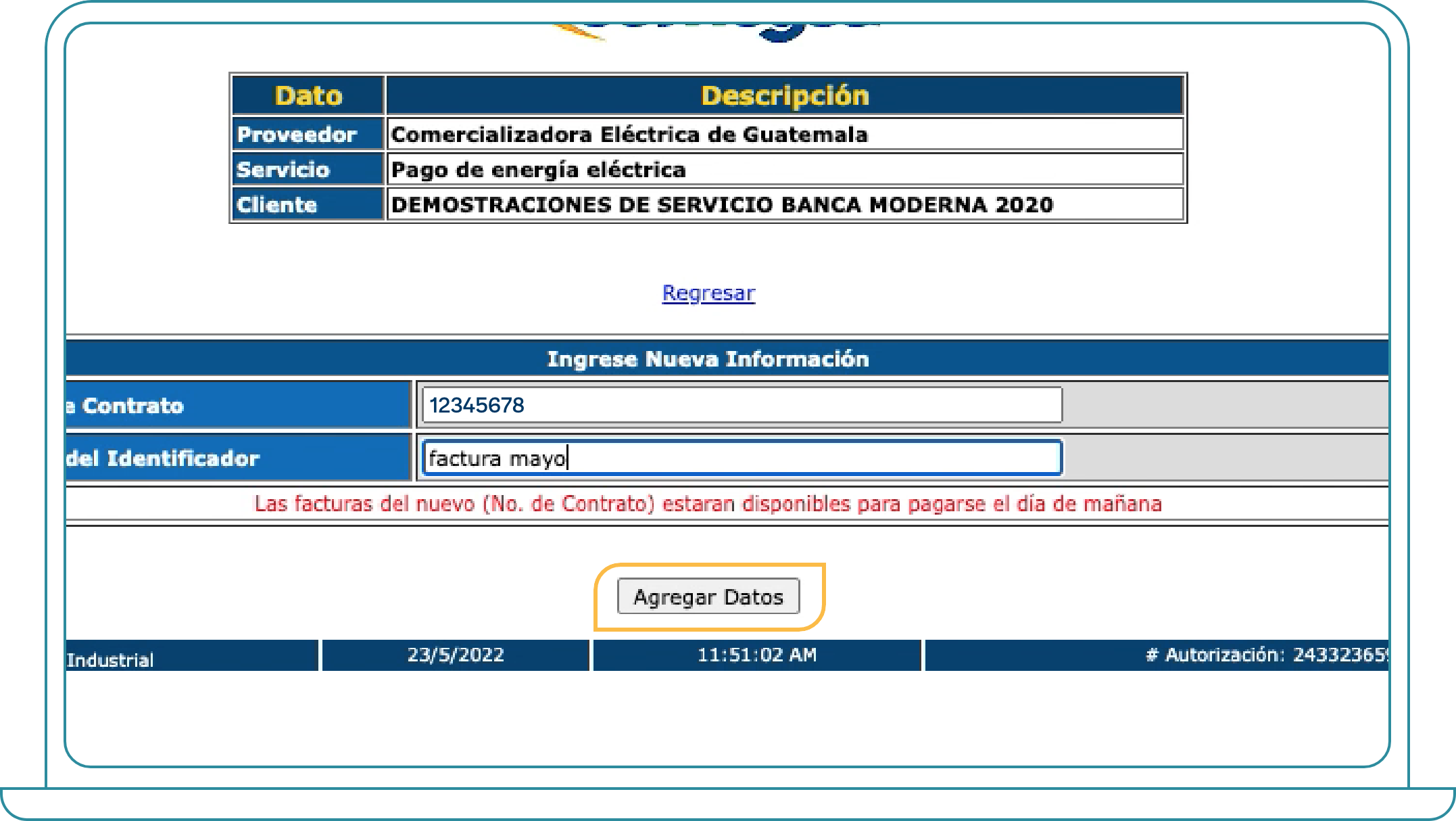 Pago de COMEGSA desde Bi Banking paso 4, agregar contrato