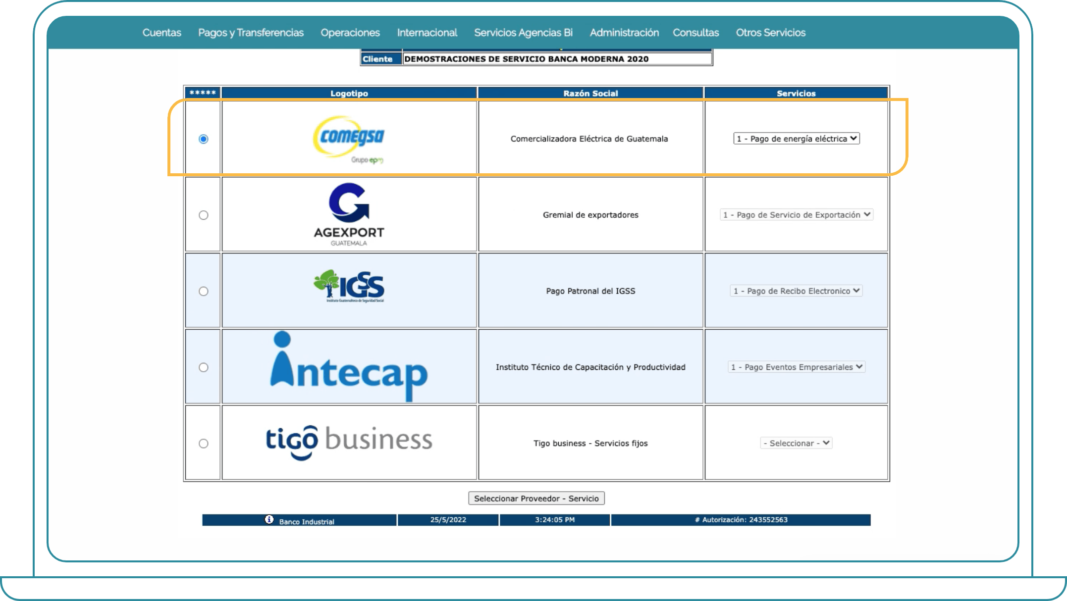 Pago de COMEGSA desde Bi Banking paso 2, ingresar un pago