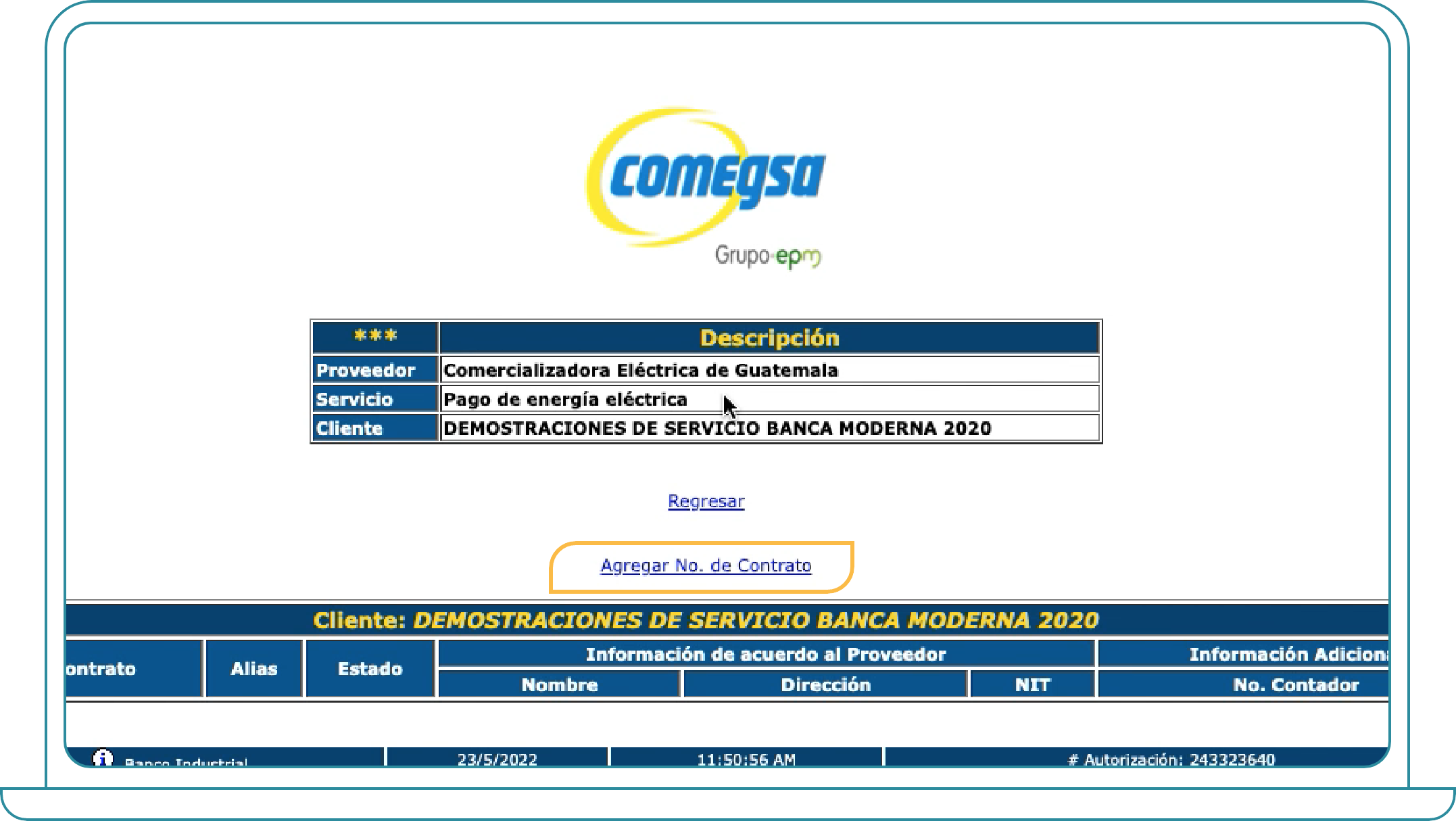 Pago de COMEGSA desde Bi Banking paso 3, agregar contrato