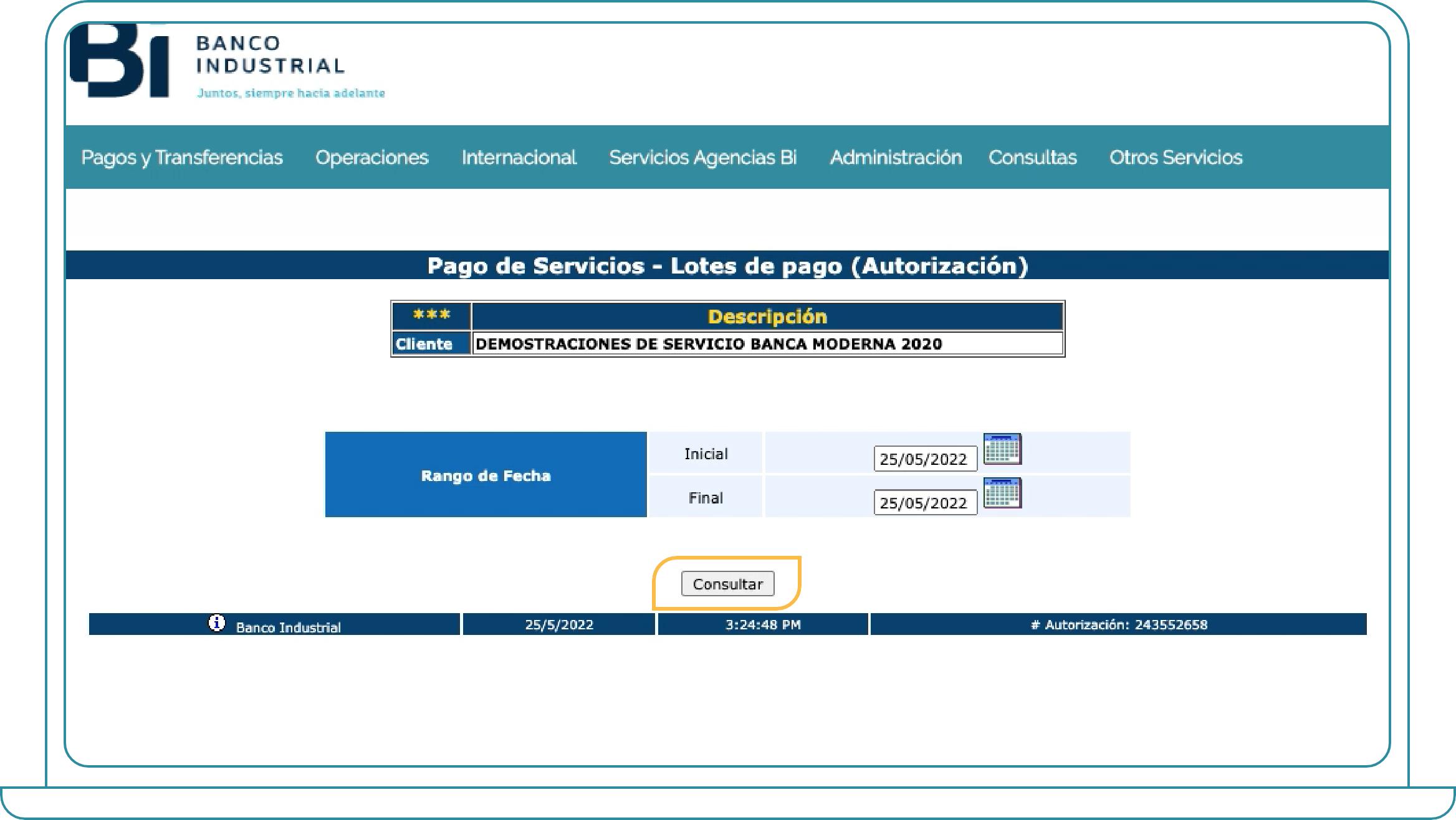 Pago de COMEGSA desde Bi Banking paso 3, Autorizar un pago