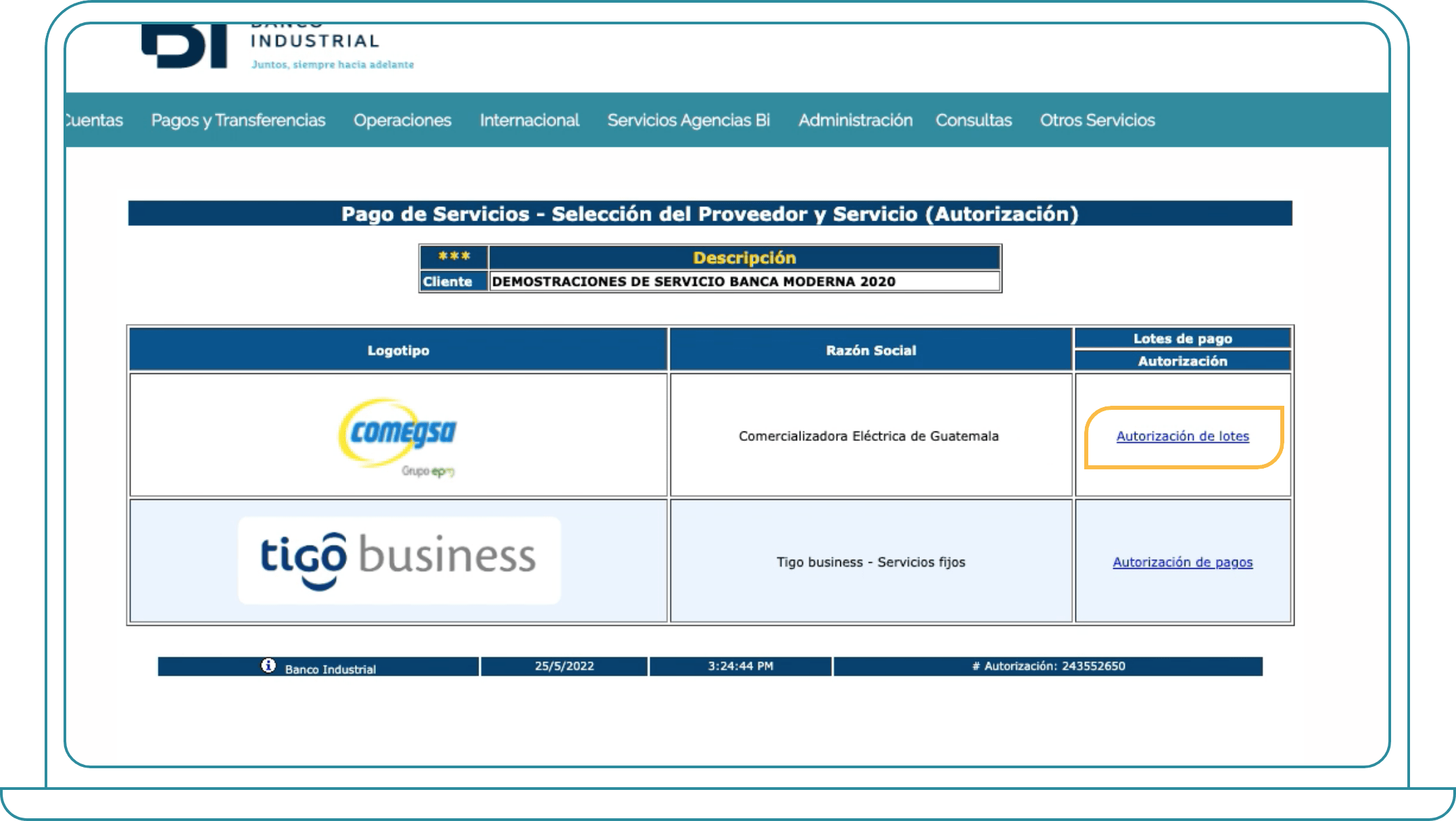 Pago de COMEGSA desde Bi Banking paso 2, Autorizar un pago