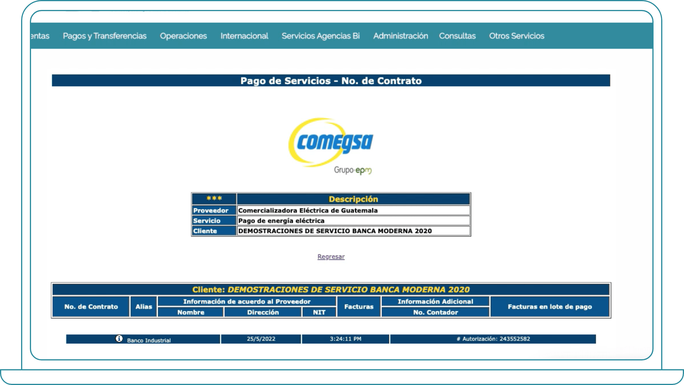 Pago de COMEGSA desde Bi Banking paso 3, ingresar un pago