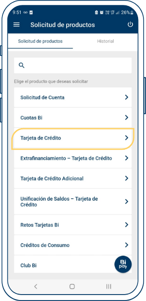 Paso 2 solicitud de tarjeta de crédito desde BEL APP