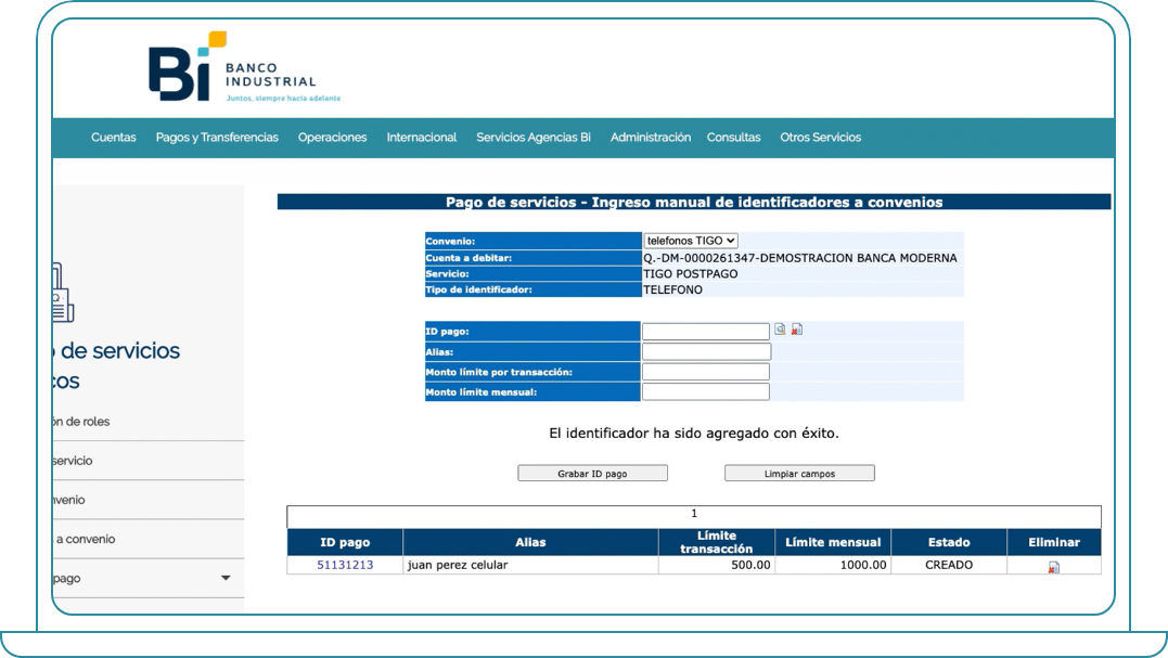 Adición de ID de pago para pago de Servicios Básicos desde Bi Banking