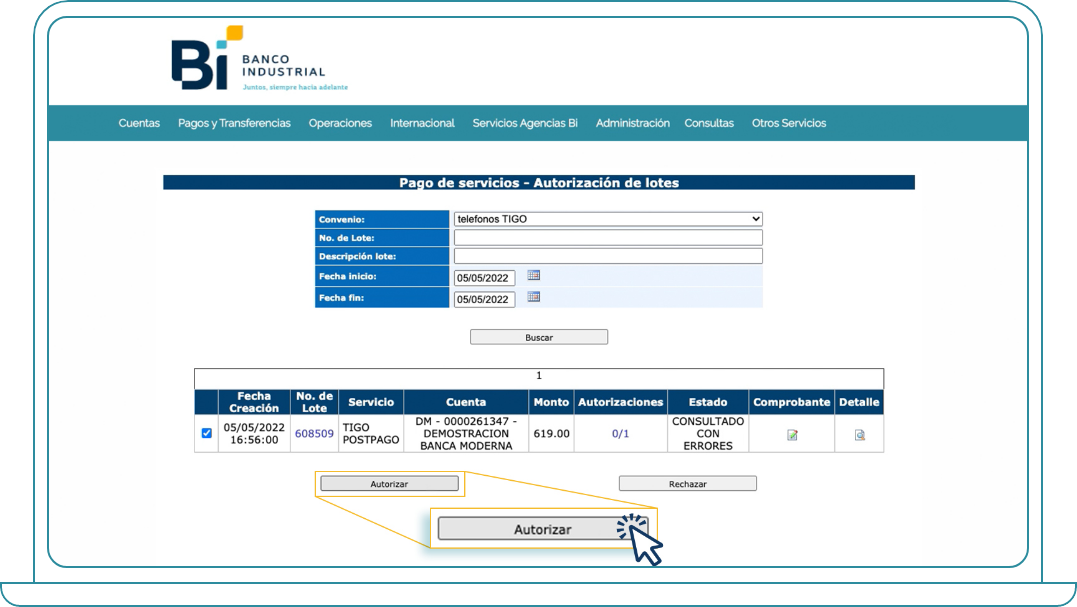 Autorizar lote para pago de Servicios Básicos desde Bi Banking