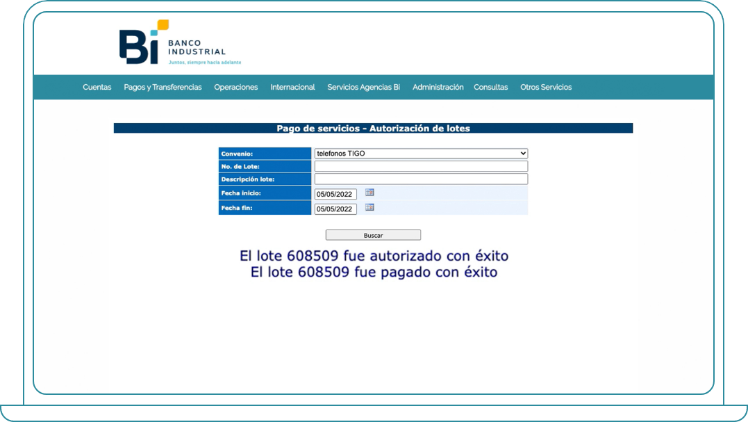 Autorizar lote para pago de Servicios Básicos desde Bi Banking