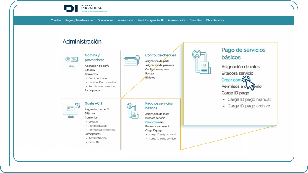 Crear convenio para pago de Servicios Básicos desde Bi Banking