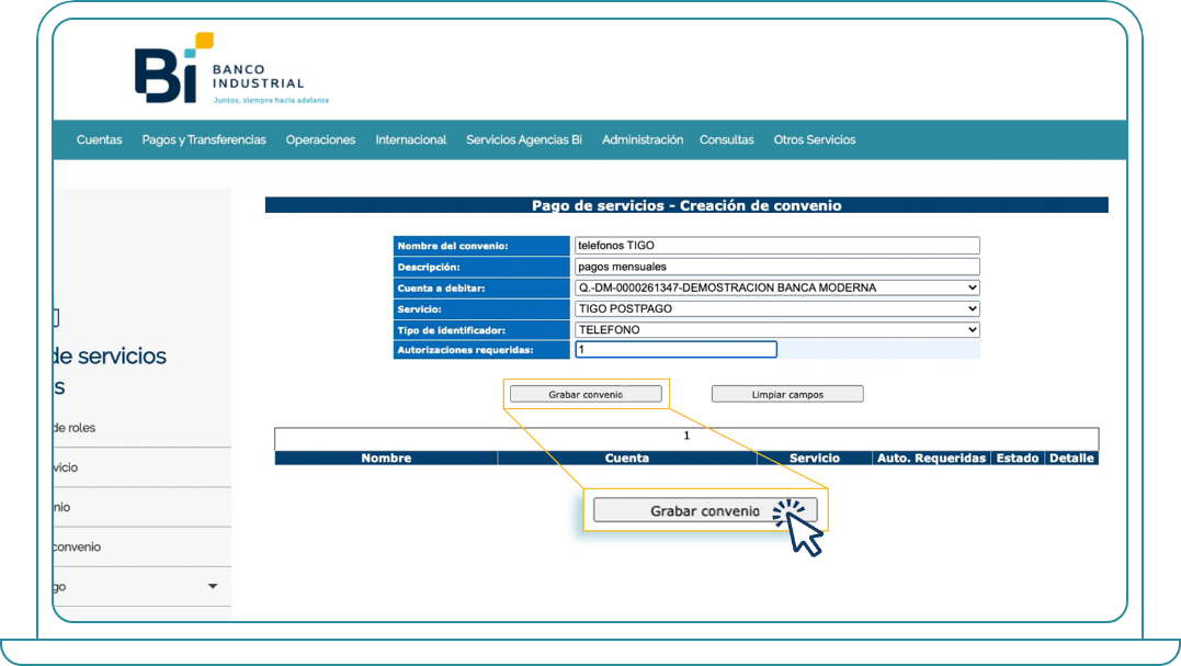 Crear convenio para pago de Servicios Básicos desde Bi Banking