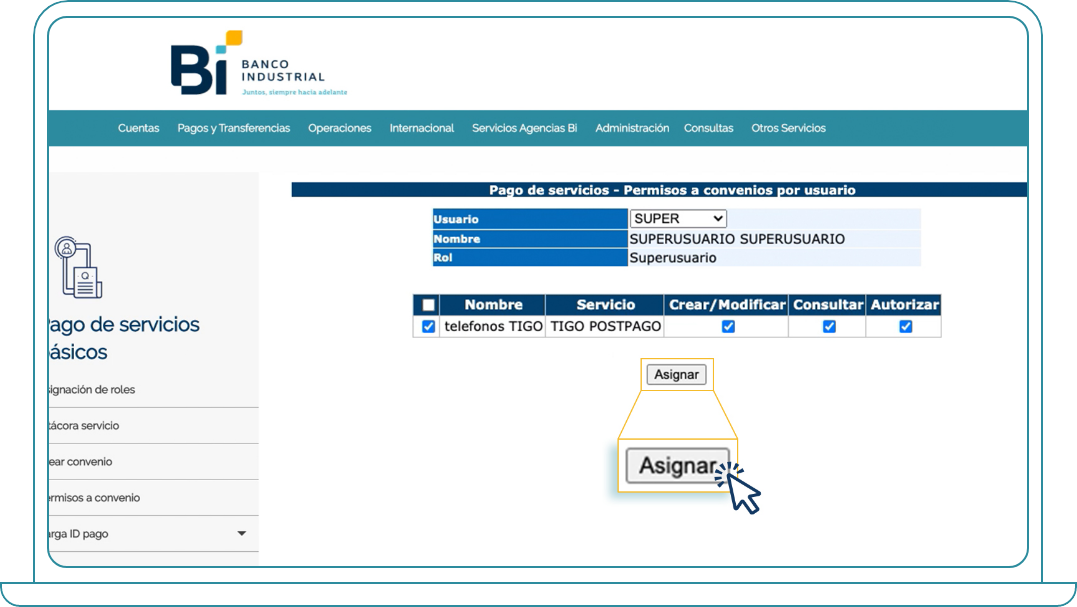 Crear convenio para pago de Servicios Básicos desde Bi Banking