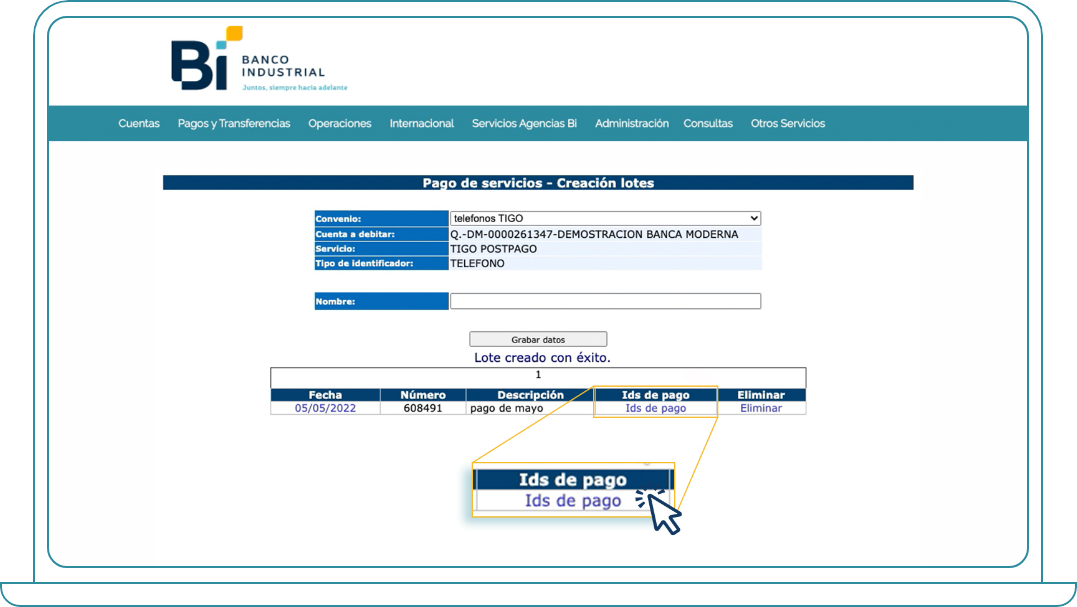 Crear lote para pago de Servicios Básicos desde Bi Banking