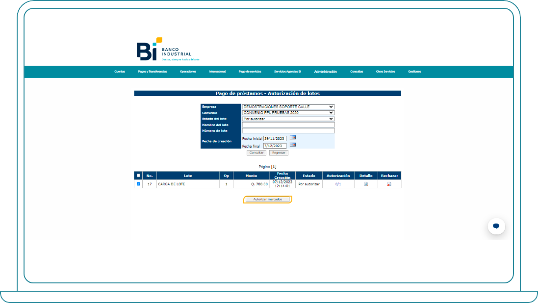 Autorizar lote para pago de Servicios Básicos desde Bi Banking