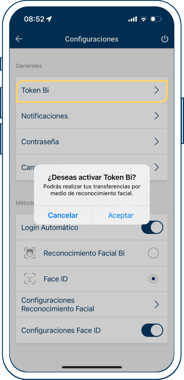 Token biometrico desde Bi en Línea App