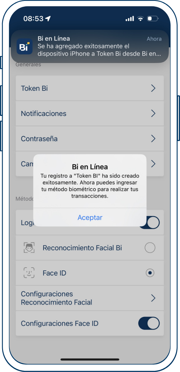 Token biometrico desde Bi en Línea App